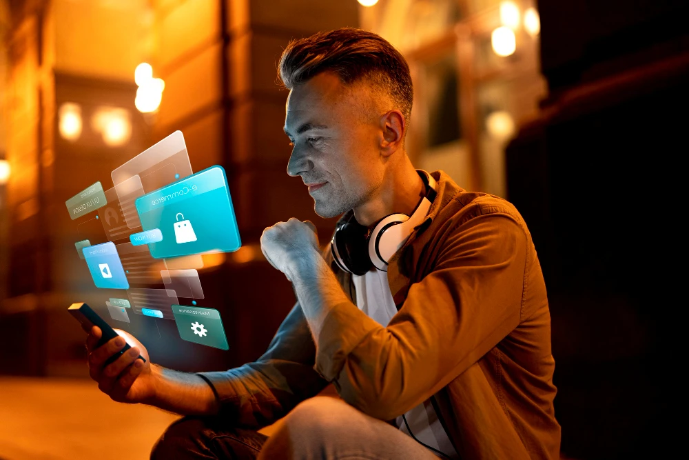 Homem sorridente usando smartphone com ícones de serviços digitais que facilitam a vida moderna, em ambiente moderno com iluminação aconchegante.