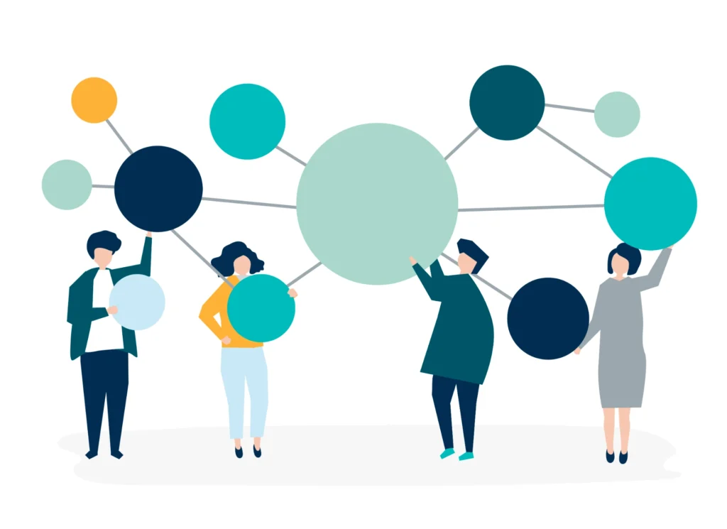 Ilustração de networking empresarial com pessoas reunidas ao redor de uma rede de conexões representada por círculos coloridos e linhas, simbolizando como criar conexões que geram negócios.
