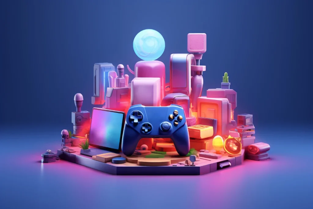 Cenário futurista com bonecos 3D e elementos de tecnologia, incluindo controles de videogame, telas e ícones de streaming e IA, representando O Futuro do entretenimento: Como streaming, games e IA estão mudando o consumo.