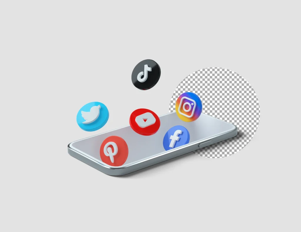 Ilustração de um smartphone com ícones de redes sociais como YouTube, Twitter, Pinterest, Instagram, Facebook e WhatsApp sobre um fundo claro, representando Redes Sociais em 2026: As Plataformas que estão redefinindo a comunicação.