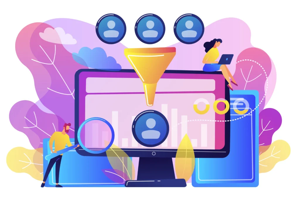 Estudo de caso hipotético: como uma PME pode aplicar as tendências de SEO 2026 com orçamento limitado, priorizando o que: Ilustração de marketing digital com funil de conversão, ícones de usuários e gráficos, representando um estudo de caso hipotético de SEO 2026 com foco em orçamento limitado para uma PME aplicar tendências.