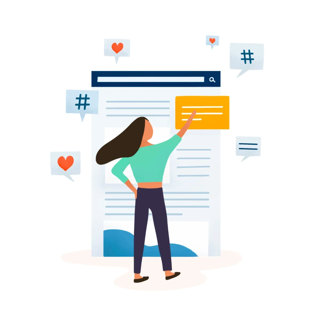 Ilustração de uma pessoa digitando um post no computador, cercada por ícones de corações, mensagens e hashtags, representando Newsjacking e PR digital: como aproveitar notícias em alta para ganhar menção de imprensa sem parecer oportunista.
