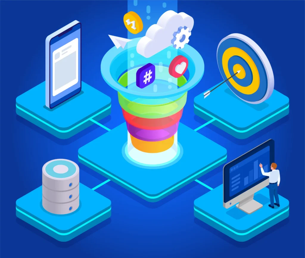 O fim do funil linear: como mapear pontos de contato multicanal quando o consumidor pesquisa em cinco lugares diferentes: Ilustração isométrica de uma estratégia multicanal com funil de marketing: usuário busca em cinco lugares diferentes e aciona anúncios, nuvem, alvo e dados para mapear pontos de contato.