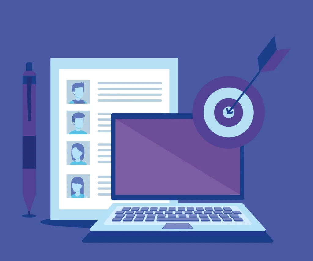 Topical authority: como planejar um cluster de conteúdo que comprove profundidade de conhecimento sobre um tema: Ilustração vetorial de um computador com formulário, ícones de pessoas, uma placa de seleção com check e um ícone de alvo, sugerindo planejamento e organização de conteúdo digital para estratégia.